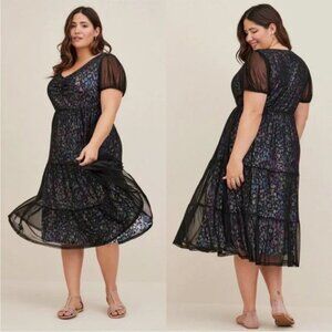 TORRID Tiered Midi Dress - Soft Mesh Spotted Black Purple Blue Green 2X